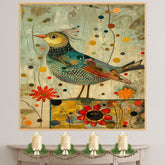 Charming Painting of a Whimsical Bird with Dotted Feathers and Abstract Flowers in Warm Earthy Colors Perfect for Nature Inspired or Eclectic Home Accents on Ready to Hang 1.5" Thick Canvas Wrap, Floating Framed Canvas, Flat Rolled Canvas